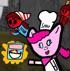 Size: 845x855 | Tagged: safe, derpibooru import, pinkie pie, earth pony, human, pony, 1000 hours in ms paint, advertisement, cereal, cereal box, chef, chef's hat, chibi, creepypasta, crossover, cute, diapinkes, elf hat, food, hat, marching band uniform, parody, rice krispies, rice pinksies, smiling, snap crackle and pop, zalgo, zalgo pagie, zalgobetes, zalgressa, zalgressa pagie, zalgressabetes