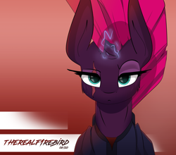 Size: 3981x3508 | Tagged: safe, artist:therealf1rebird, fizzlepop berrytwist, tempest shadow, pony, unicorn, armor, broken horn, eye, eyelashes, eyes, female, horn, looking at you, magic, simple background, solo