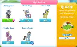 Size: 1468x900 | Tagged: safe, beauty brass, comet tail, fancypants, purple wave, swan song, earth pony, pony, unicorn, equestria girls, football, gameloft, gem, high society, hoofball, mirror, sports, xp