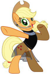 Size: 5372x7874 | Tagged: artist needed, source needed, safe, derpibooru import, part of a set, applejack, earth pony, pony, bipedal, black dress, clothes, dress, female, headset, looking at you, mare, simple background, smiling, solo, transparent background, vector