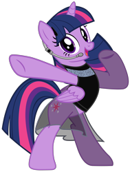 Size: 5715x7570 | Tagged: artist needed, source needed, safe, part of a set, twilight sparkle, twilight sparkle (alicorn), alicorn, pony, bipedal, black dress, clothes, dress, female, headset, looking at you, mare, simple background, smiling, solo, transparent background, vector