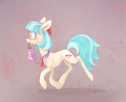 Size: 1280x1031 | Tagged: safe, artist:tu-kierownik, coco pommel, earth pony, pony, abstract background, female, hurry, mare, mouth hold, running, simple background, solo, thousand yard stare, walking