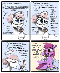 Size: 1024x1235 | Tagged: safe, artist:chopsticks, berry punch, berryshine, nurse redheart, earth pony, pony, alcohol, beer, bottle, cheek fluff, chest fluff, comic, corona beer, coronavirus, covid-19, dialogue, drunk, female, hangover, hat, hoof fluff, mare, open mouth, phone, simple background, sitting, sleep deprivation, text, yelling