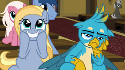 Size: 1920x1080 | Tagged: safe, screencap, berryshine, blues, cherry berry, cloud kicker, gallus, golden harvest, parasol, shoeshine, sprinkle medley, twinkleshine, earth pony, griffon, pegasus, unicorn, bored, claws, cute, cutie, female, friendship student, grin, head feathers, hooves on cheeks, male, mare, narrowed eyes, rio, sitting, smiling, talons, teenager, unimpressed, varying degrees of want, young mare