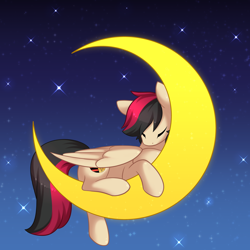 Size: 1536x1536 | Tagged: safe, artist:scarlet-spectrum, oc, oc only, oc:porsche speedwings, pegasus, pony, eyes closed, folded wings, male, moon, nightsky, onomatopoeia, pegasus oc, shading, sleeping, sleeping on moon, solo, sound effects, stallion, stars, tangible heavenly object, transparent moon, wings, ych result, zzz