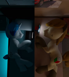 Size: 1600x1800 | Tagged: safe, artist:deloreandudetommy, oc, oc:logic puzzle, oc:supersaw, 3d, bed, blender, computer, couple, ford mustang, gay, laptop computer, long distance relationship, male, phone, sleeping, split screen, stallion