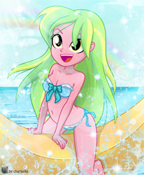 Size: 751x910 | Tagged: safe, artist:charliexe, lemon zest, equestria girls, adorasexy, backbend, banana, banana boat, barefoot, beach, belly button, bikini, breasts, cleavage, clothes, cute, feet, floaty, food, happy, inflatable, inflatable toy, ocean, open mouth, pool toy, riding, sexy, stupid sexy lemon zest, swimsuit, zestabetes
