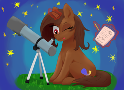 Size: 3681x2665 | Tagged: safe, artist:super-mpm, oc, oc only, oc:cygny, pony, unicorn, astronomy, blue background, brown coat, brown mane, brown pony, cute, equation, eyelashes, female, grass, gravity equation, night, night sky, notepad, notes, one eye closed, science, simple background, sitting, sky, solo, starry night, study, studying, telescope, tongue out