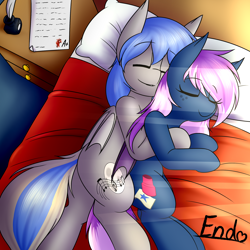 Size: 2000x2000 | Tagged: safe, artist:rice, oc, oc only, oc:moonslurps, oc:star stamper, bat pony, comic:forbidden desire 2, comic:forbidden desire series, bat pony oc, bat wings, bed, cuddling, eyes closed, from behind, hug, ink, nightstand, quill, single panel, smiling, sun beam, test, wings