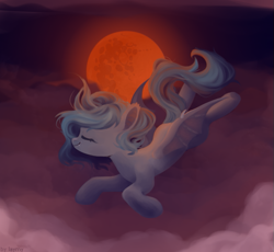 Size: 673x618 | Tagged: safe, artist:laymyy, oc, oc only, bat pony, bat pony oc, bat wings, blood moon, cloud, eyes closed, flying, full moon, mare in the moon, moon, night, smiling, solo, wings