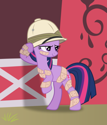 Size: 1875x2199 | Tagged: safe, artist:frownfactory, twilight sparkle, unicorn twilight, pony, unicorn, feeling pinkie keen, .svg available, bandaid, bee sting, determined, female, grin, hat, mare, pith helmet, simple background, smiling, solo, standing up, svg, vector