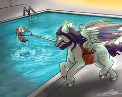 Size: 1280x1024 | Tagged: safe, artist:tory-the-fuzzball, oc, oc only, oc:trot along, opossum, pegasus, animal, bag, rescue, saddle bag, swimming pool