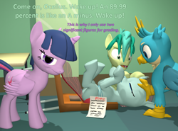 Size: 1462x1080 | Tagged: safe, artist:red4567, gallus, ocellus, sandbar, twilight sparkle, twilight sparkle (alicorn), alicorn, changedling, changeling, earth pony, griffon, pony, 3d, atg 2020, faint, hand on head, looking at you, newbie artist training grounds, open mouth, source filmmaker, test