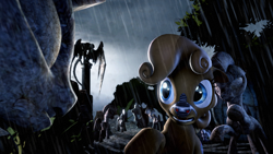 Size: 1280x720 | Tagged: source needed, safe, artist:flipchip, oc, oc only, oc:wisp chaser, earth pony, zebra, fallout equestria, 3d, doctor who, rain, statue, weeping angel, weeping angels