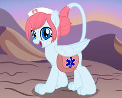Size: 2368x1918 | Tagged: safe, artist:badumsquish, derpibooru exclusive, oc, oc only, oc:first-aid kit, sphinx, bag, female, folded wings, hair bun, happy, hat, looking at you, mountain, mountain range, nurse, nurse hat, raised tail, saddle bag, sharp teeth, show accurate, smiling, solo, sphinx oc, stars, tail, teeth, wings