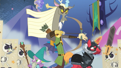 Size: 1279x720 | Tagged: safe, screencap, big macintosh, discord, spike, draconequus, dragon, pony, skeleton pony, unicorn, dungeons and discords, angry, archer, arrow, beard, black knight, bone, bow (weapon), bow and arrow, captain wuzz, clenched teeth, clothes, dungeons and dragons, facial hair, fantasy class, garbuncle, hat, helmet, horned helmet, knife, magic, magic aura, male, male focus, ogres and oubliettes, parsnip, pen and paper rpg, race swap, rpg, sir mcbiggen, skeleton, staff, stallion, stars, sword, unicorn big mac, weapon, wizard