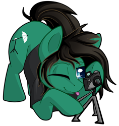 Size: 2173x2301 | Tagged: safe, artist:gleamydreams, earth pony, pony, bring me the horizon, camera, clothes, commission, face down ass up, male, one eye closed, photography, ponified, shirt, simple background, solo, stallion, t-shirt, tom sykes, tongue out, transparent background, underhoof, wink