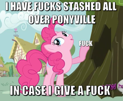 Size: 1099x899 | Tagged: safe, derpibooru import, edit, edited screencap, screencap, pinkie pie, earth pony, pony, it's about time, ball emergency, caption, cropped, image macro, look at all the fucks i give, solo, text, tree, vulgar