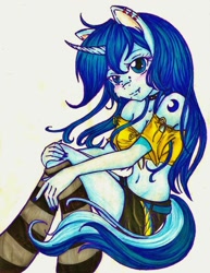 Size: 743x960 | Tagged: safe, artist:spectreflo, oc, oc:crescent moon, anthro, unicorn, blushing, clothes, ear piercing, fangs, female, horn, piercing, sitting, socks, striped socks, unicorn oc