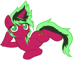 Size: 898x747 | Tagged: safe, artist:homumu, oc, oc:cherry bomb, pony, unicorn, female, fluffy, freckles, horn, looking at you, mare, prone, simple background, smiling, solo, unicorn oc, white background