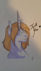 Size: 1144x1984 | Tagged: safe, artist:theblackcatstale, oc, oc only, oc:ashen snow, pony, unicorn, bust, glasses, heart, horn, signature, solo, traditional art, unicorn oc, vulgar