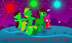 Size: 1134x680 | Tagged: safe, artist:optimusv42, oc, oc:fire jewel the dragon, oc:jungle heart, oc:jungle jewel, oc:wildlife, dragon, earth pony, gorilla, pony, chest beating, chest pounding, feminism, happy new year, heroic, holiday