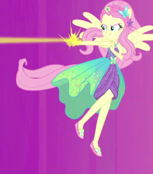 Size: 680x773 | Tagged: safe, screencap, fluttershy, better together, cheer you on, equestria girls, armpits, cropped, dress, female, flower, flower in hair, magic blast, ponied up, sleeveless, solo, wings