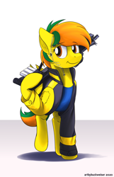 Size: 1932x3000 | Tagged: safe, artist:buckweiser, oc, oc:dual screen, pegasus, pony, augmented, clothes, female, jacket, ripped, ripped shirt, shirt, sierra nevada, solo, weapon