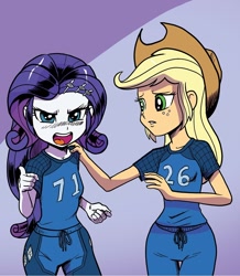 Size: 1068x1224 | Tagged: safe, artist:pencils, edit, idw, applejack, rarity, equestria girls, spoiler:comic, spoiler:comicequestriagirlsmarchradness, angry, clothes