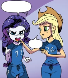 Size: 1068x1224 | Tagged: safe, artist:pencils, edit, idw, applejack, rarity, equestria girls, spoiler:comic, spoiler:comicequestriagirlsmarchradness, angry, clothes, duo, hand on shoulder, speech bubble, textless
