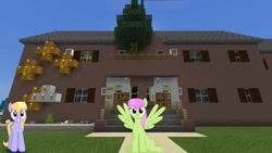 Size: 1334x750 | Tagged: safe, artist:bluemeganium, artist:topsangtheman, cloud kicker, merry may, pegasus, pony, topsangtheman's minecraft server, house, looking at you, minecraft, photoshopped into minecraft