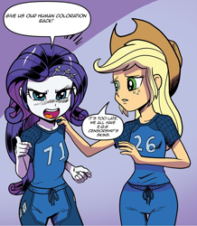 Size: 1068x1224 | Tagged: safe, artist:pencils, edit, idw, applejack, rarity, equestria girls, spoiler:comic, spoiler:comicequestriagirlsmarchradness, censorship, hasbro, op is a cuck, op is trying to start shit