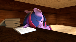 Size: 1920x1080 | Tagged: safe, artist:scout_guy, twilight sparkle, twilight sparkle (alicorn), alicorn, pony, 3d, atg 2020, book, eyes closed, female, mare, newbie artist training grounds, passed out, sleeping, solo, source filmmaker