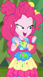 Size: 473x849 | Tagged: safe, screencap, pinkie pie, equestria girls, equestria girls series, sunset's backstage pass!, spoiler:eqg series (season 2), beads, canvas, clothes, cropped, curly hair, cute, diapinkes, dress, female, forest background, geode of sugar bombs, gold, grass, hairband, happy, jewelry, lidded eyes, magical geodes, outdoors, paint, pants, short sleeves, smiling, waistband, wristband
