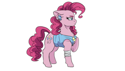 Size: 2920x1668 | Tagged: safe, artist:tillie-tmb, derpibooru import, pinkie pie, earth pony, pony, alternate design, bandage, clothes, ear piercing, earring, female, jewelry, mare, piercing, raised hoof, simple background, solo, vest, white background