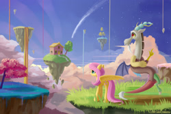 Size: 3000x2000 | Tagged: safe, artist:emeraldgalaxy, derpibooru import, discord, fluttershy, draconequus, pegasus, pony, chaos, comet, description at source, description is relevant, digital art, discord's house, duo, female, floating, floating island, house, looking at each other, mare, sky, the discord zone, tree, waterfall