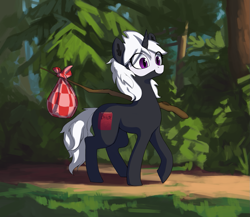 Size: 1153x1000 | Tagged: safe, artist:redruin01, oc, oc only, oc:s.leech, pony, unicorn, bindle, forest, hobo pony, smiling, solo, walking