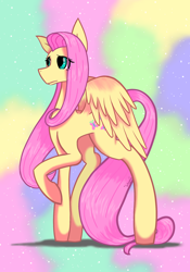 Size: 1280x1826 | Tagged: safe, artist:sstygal, derpibooru import, fluttershy, pegasus, pony, female, mare, raised hoof, solo