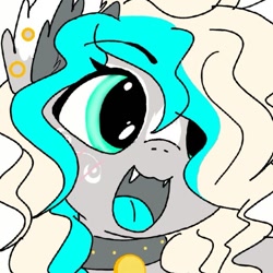 Size: 669x669 | Tagged: safe, artist:_wulfie, oc, oc only, alicorn, pony, :d, alicorn oc, bust, collar, ear piercing, fangs, female, horn, mare, open mouth, piercing, solo, wings