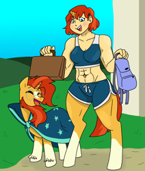 Size: 6853x8073 | Tagged: safe, artist:/d/non, artist:gameboyadvancesp, sunburst, oc, oc:nova flare, satyr, unicorn, abs, father and child, father and daughter, female, male, muscles, muscular female, older sunburst, parent and child, parent:sunburst