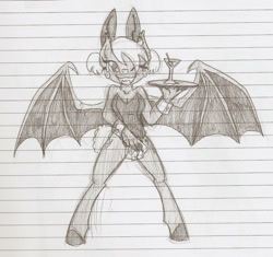 Size: 1203x1132 | Tagged: safe, artist:ravenpuff, oc, oc:silver step, anthro, bat pony, unguligrade anthro, bunny suit, card, clothes, cuffs (clothes), female, leotard, lined paper, mare, monochrome, one eye closed, playboy bunny, solo, traditional art, wink