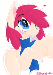 Size: 1200x1692 | Tagged: safe, artist:_wulfie, oc, earth pony, pony, clothes, earth pony oc, female, heart, heart eyes, looking up, mare, mouth hold, prone, scarf, solo, wingding eyes