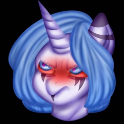 Size: 1472x1472 | Tagged: safe, artist:tosh03x, oc, unicorn, angry, art, black background, blushing, bust, portrait, simple background