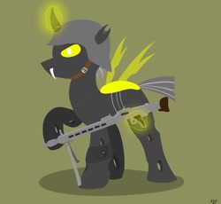 Size: 1024x941 | Tagged: safe, artist:atomfliege, oc, oc only, oc:warplix, changeling, changeling oc, gun, helmet, lineless, machine gun, male, mg 42, simple background, soldier, solo, weapon, yellow changeling