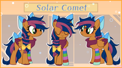 Size: 5000x2812 | Tagged: safe, artist:owljj one, oc, oc only, oc:solar comet, pegasus, bow, clothes, eyes closed, reference sheet, sock, socks, solo, striped socks, tail bow
