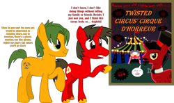 Size: 3527x2088 | Tagged: safe, artist:shadymeadow, oc, oc only, oc:fried egg, oc:scorpion chain, oc:twisted circus, earth pony, pony, unicorn, hat, male, poster, simple background, stallion, teenager, top hat, transparent background