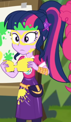 Size: 504x863 | Tagged: safe, screencap, pinkie pie, sci-twi, twilight sparkle, better together, equestria girls, sunset's backstage pass!, beads, clothes, cropped, curly hair, cute, dress, female, geode of sugar bombs, geode of telekinesis, hairband, jewelry, magical geodes, music festival outfit, pants, short sleeves, smiling, twiabetes, wristband