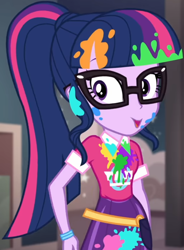 Size: 766x1038 | Tagged: safe, screencap, sci-twi, twilight sparkle, better together, equestria girls, sunset's backstage pass!, bangs, clothes, collar, cropped, cute, female, glasses, indoors, messy, music festival outfit, paint, ponytail, public restroom, shirt, short sleeves, skirt, smiling, talking, twiabetes, wristband