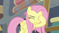 Size: 1920x1080 | Tagged: safe, derpibooru import, screencap, fluttershy, pegasus, pony, she talks to angel, eyes closed, facehoof, female, mare, messy mane, solo