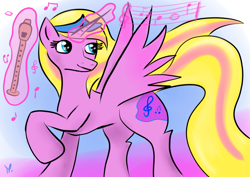 Size: 841x595 | Tagged: safe, melody, alicorn, pony, blonde, commission, flute, music, musical instrument, pink, present, princess, race swap, solo